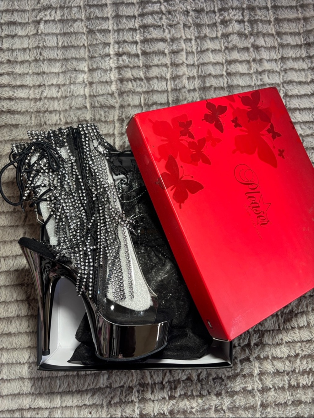 Pleaser Delight Platform Heels with Rhinestone Fringe — Pewter Chrome Sz 8